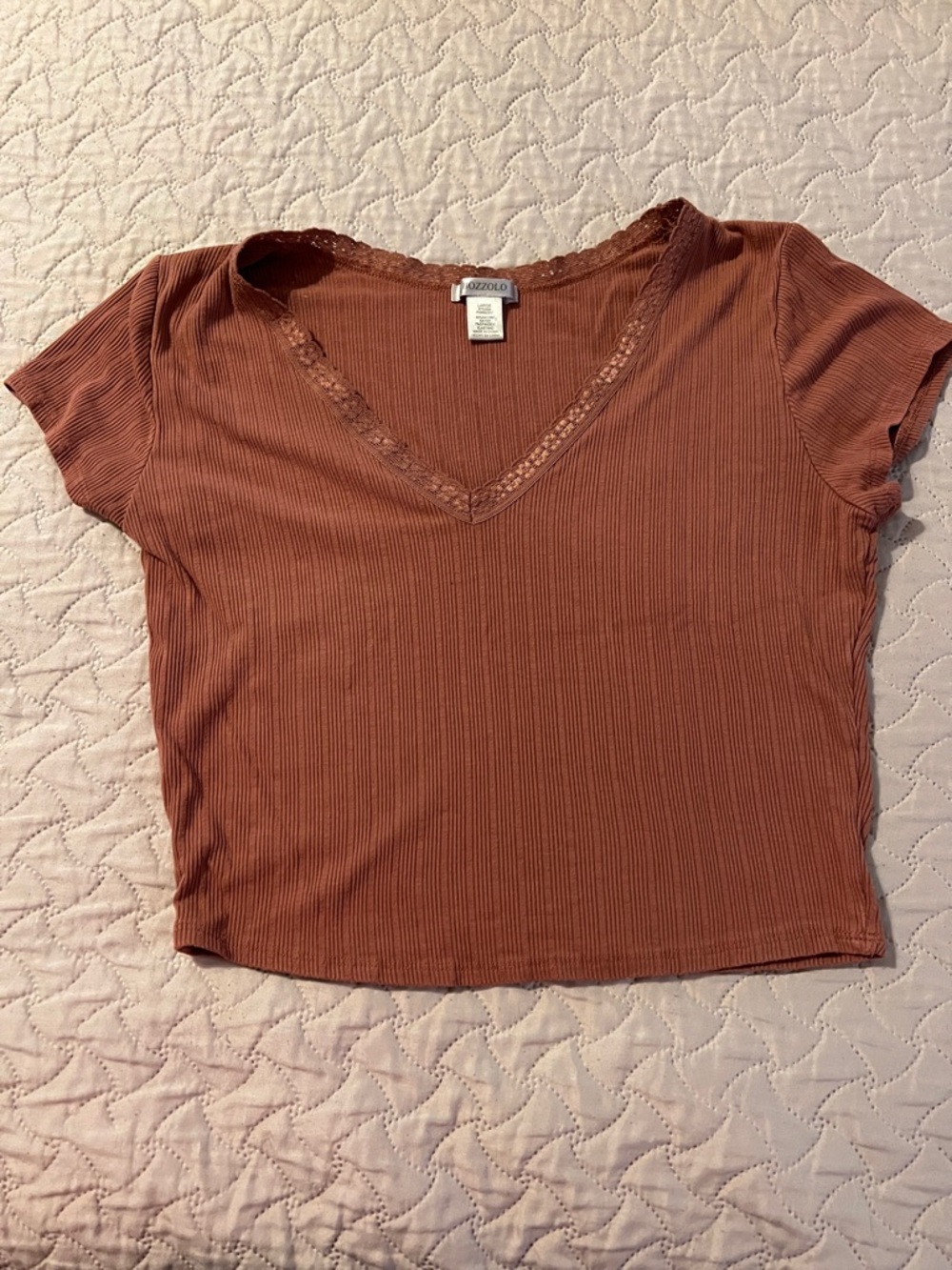 Bozzolo Rust Ribbed Lace-Trim V-Neck Crop Top